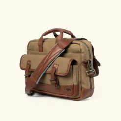 Buffalo Jackson Trading Co. Dakota Reserve Waxed Canvas Leather Briefcase | Field Khaki With Chestnut Brown