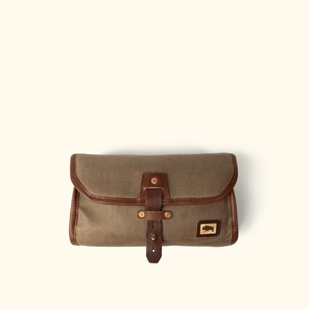 Buffalo Jackson Trading Co. Dakota Waxed Canvas Hanging Toiletry Bag/Dopp Kit | Field Khaki W/ Chestnut Brown Leather