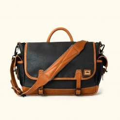 Buffalo Jackson Trading Co. Dakota Waxed Canvas Messenger Bag | Navy Charcoal W/ Saddle Tan Leather Leather Messenger Bags