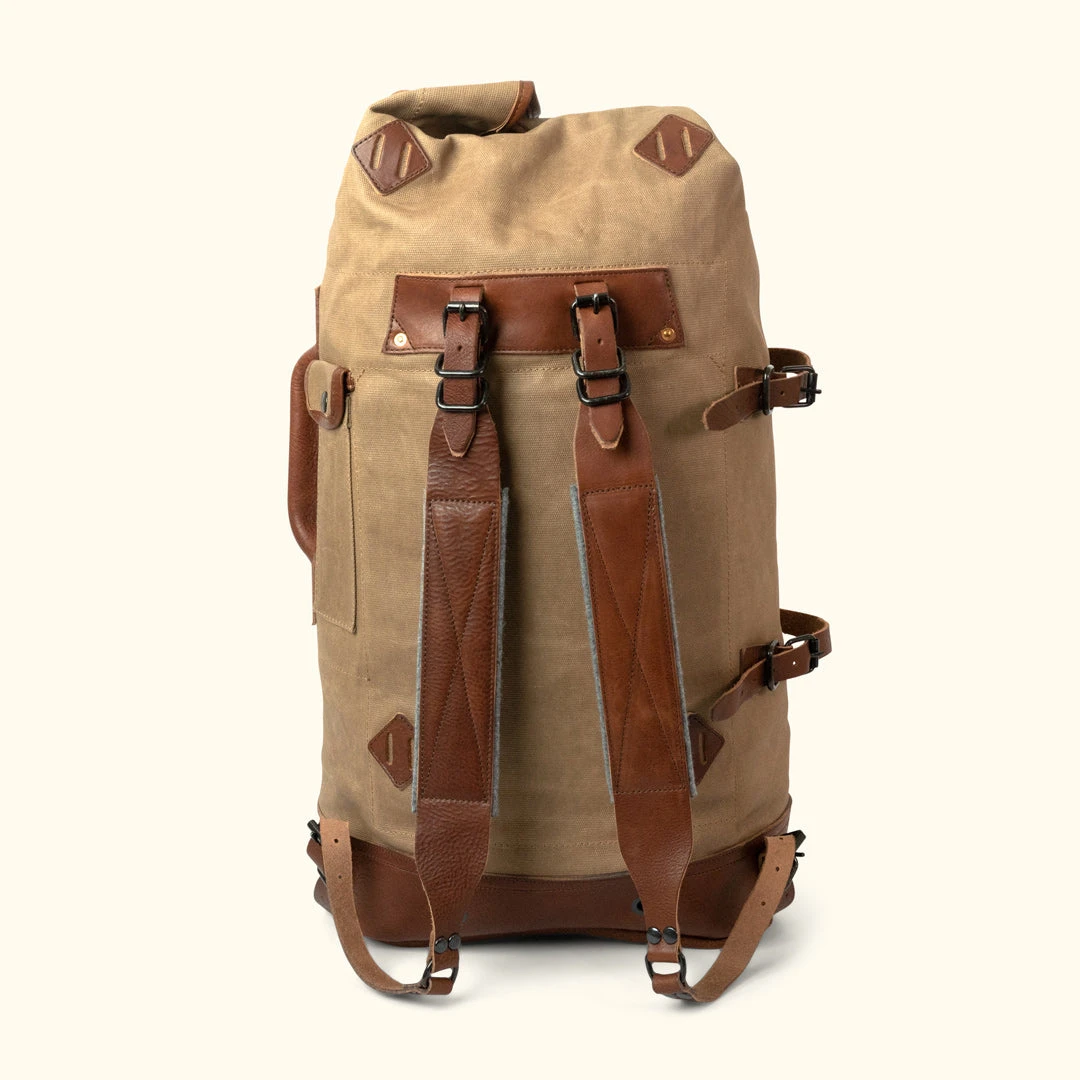 Buffalo Jackson Trading Co. Dakota Waxed Canvas Military Sea Bag Backpack | Field Khaki W/ Chestnut Brown Leather