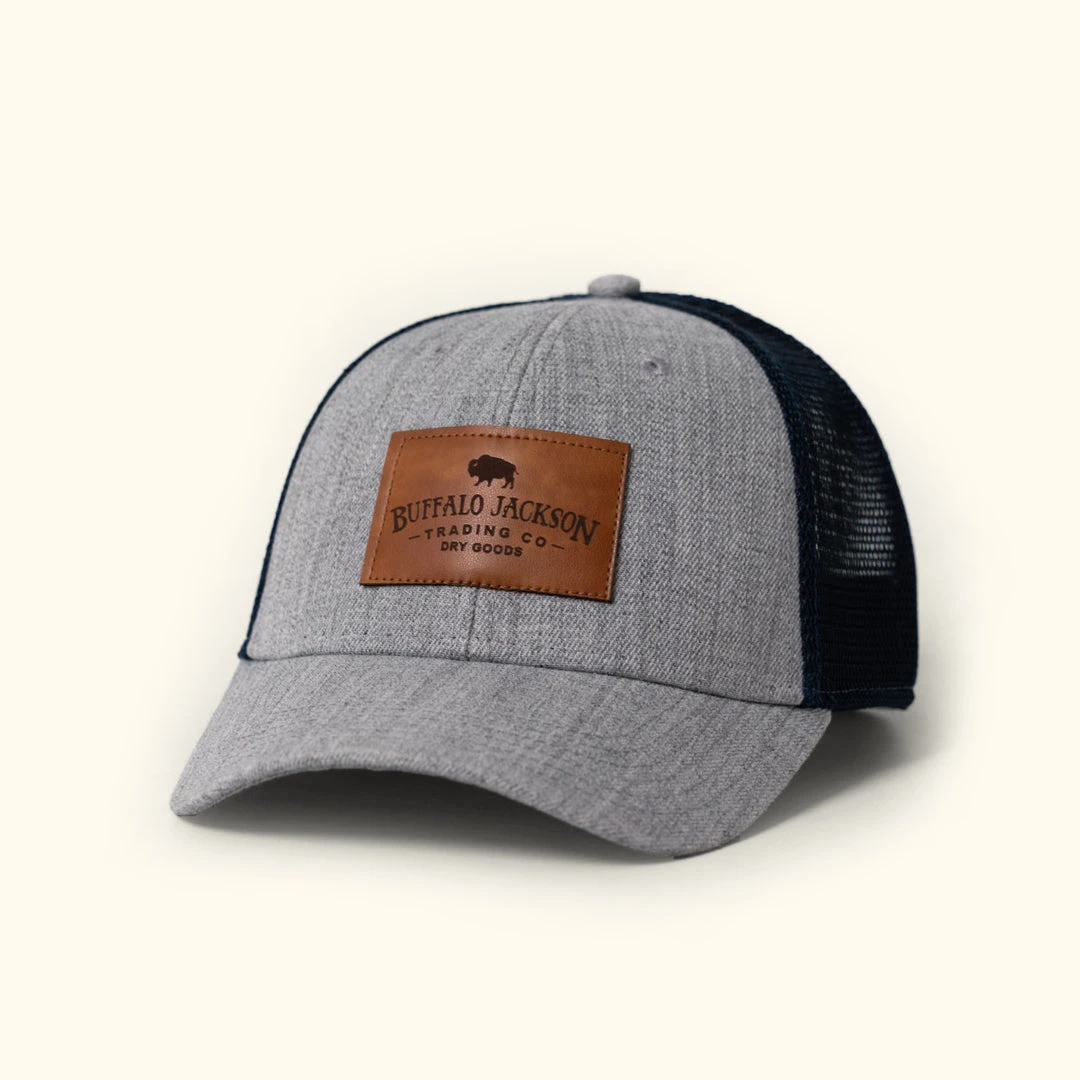 Buffalo Jackson Trading Co. Trucker Leather Patch Hat | Heather Gray And Navy 3 Buffalo Jackson Trading Co. Trucker Leather Patch Hat | Heather Gray And Navy