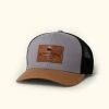 Buffalo Jackson Trading Co. Accessories Trucker Leather Patch Hat | Mid-Pro | Gray Carmel Black 2 Buffalo Jackson Trading Co. Accessories Trucker Leather Patch Hat | Mid-Pro | Gray Carmel Black