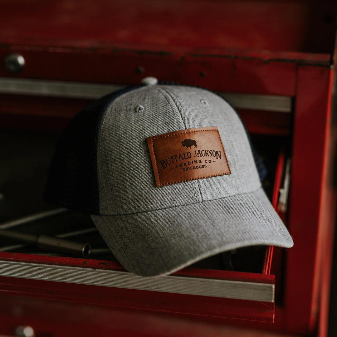 Buffalo Jackson Trading Co. Trucker Leather Patch Hat | Heather Gray And Navy 5 Buffalo Jackson Trading Co. Trucker Leather Patch Hat | Heather Gray And Navy