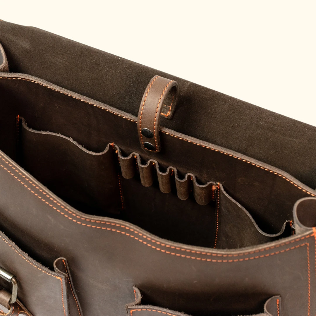 Buffalo Jackson Trading Co. Outlet Denver Leather Briefcase | Limited Edition - Dark Briar W/ Orange Stitching 8 Buffalo Jackson Trading Co. Outlet Denver Leather Briefcase | Limited Edition - Dark Briar W/ Orange Stitching