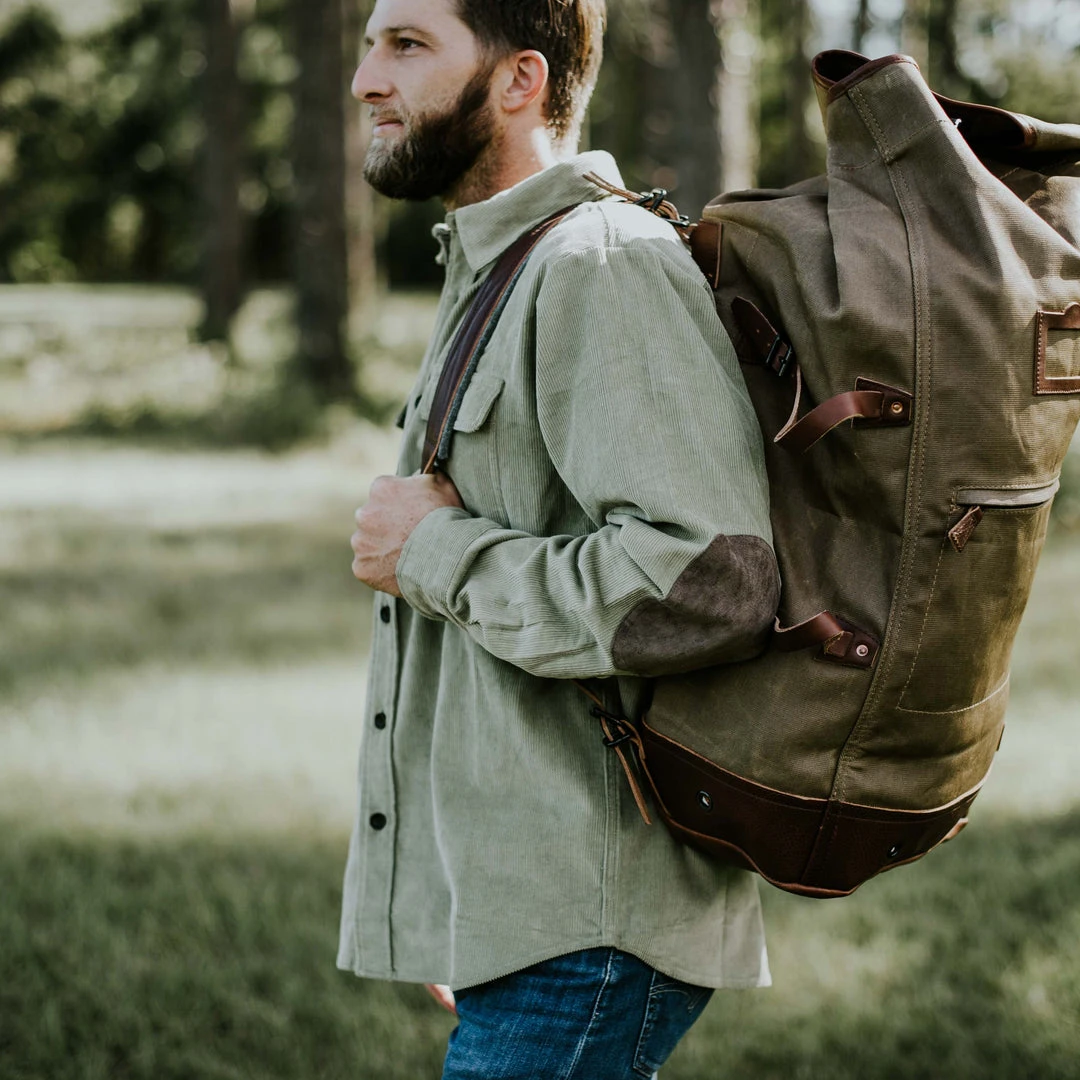 Buffalo Jackson Trading Co. Dakota Waxed Canvas Military Sea Bag Backpack | Field Khaki W/ Chestnut Brown Leather