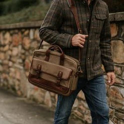 Buffalo Jackson Trading Co. Dakota Reserve Waxed Canvas Leather Briefcase | Field Khaki With Chestnut Brown
