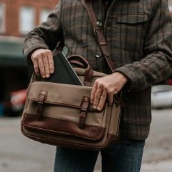 Buffalo Jackson Trading Co. Dakota Reserve Waxed Canvas Leather Briefcase | Field Khaki With Chestnut Brown