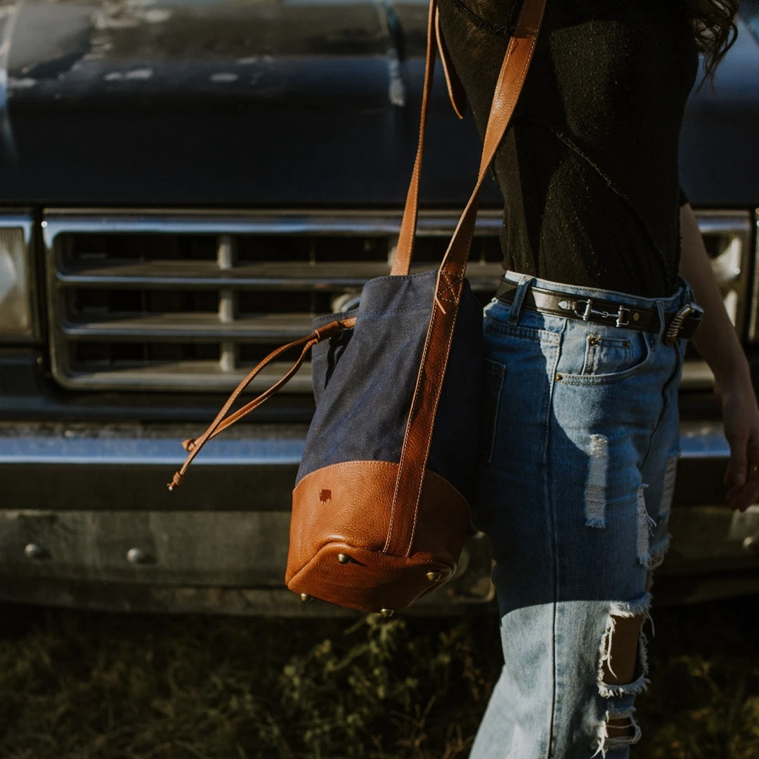 Buffalo Jackson Trading Co. Madison Waxed Canvas Bucket Bag | Navy W/ Saddle Tan Leather 14 Buffalo Jackson Trading Co. Madison Waxed Canvas Bucket Bag | Navy W/ Saddle Tan Leather
